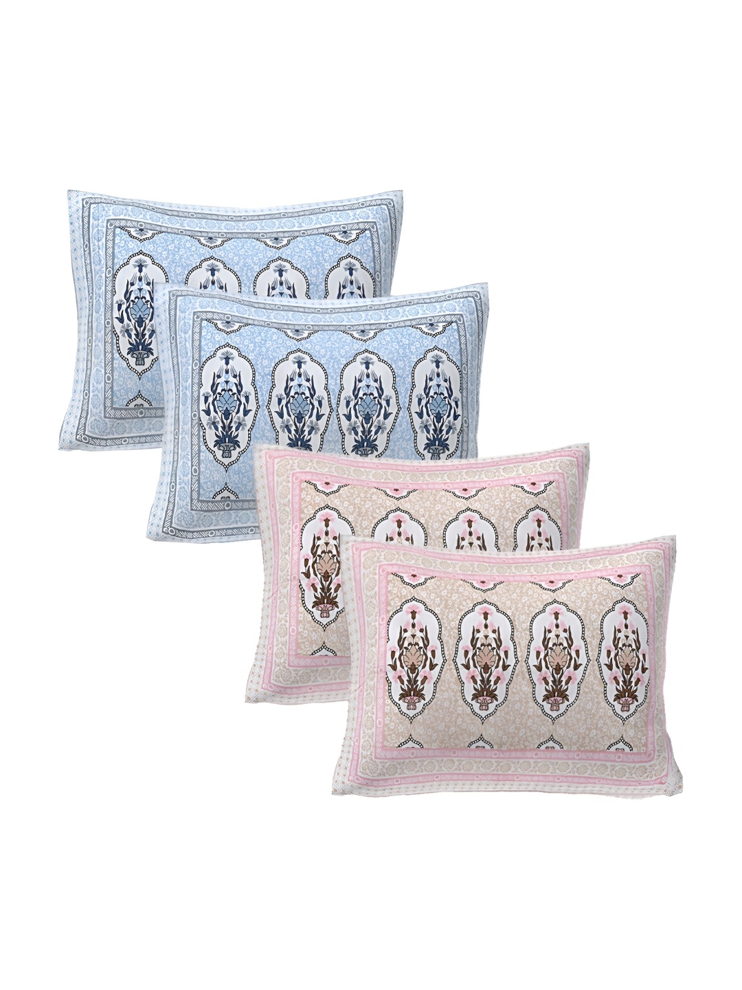 

VANI E Blue & Pink 4 Pieces Ethnic Motif Pure Cotton Rectangle Pillow Covers