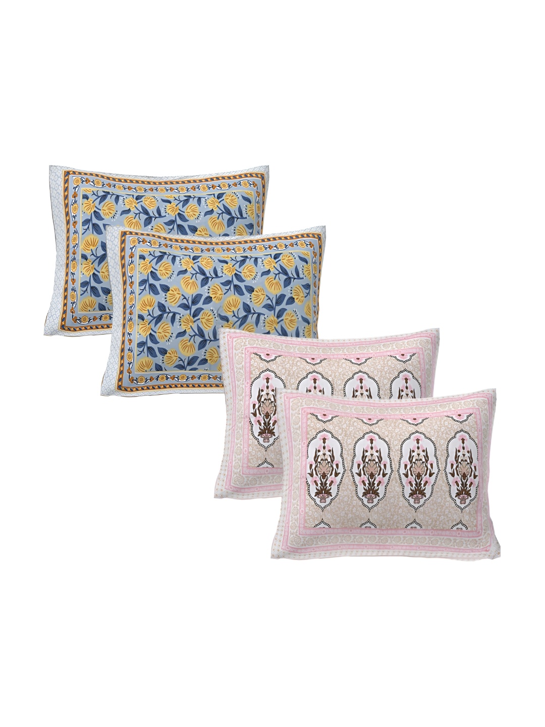 

VANI E Blue & Pink 4 Pieces Floral Printed Pure Cotton Rectangle Pillow Covers