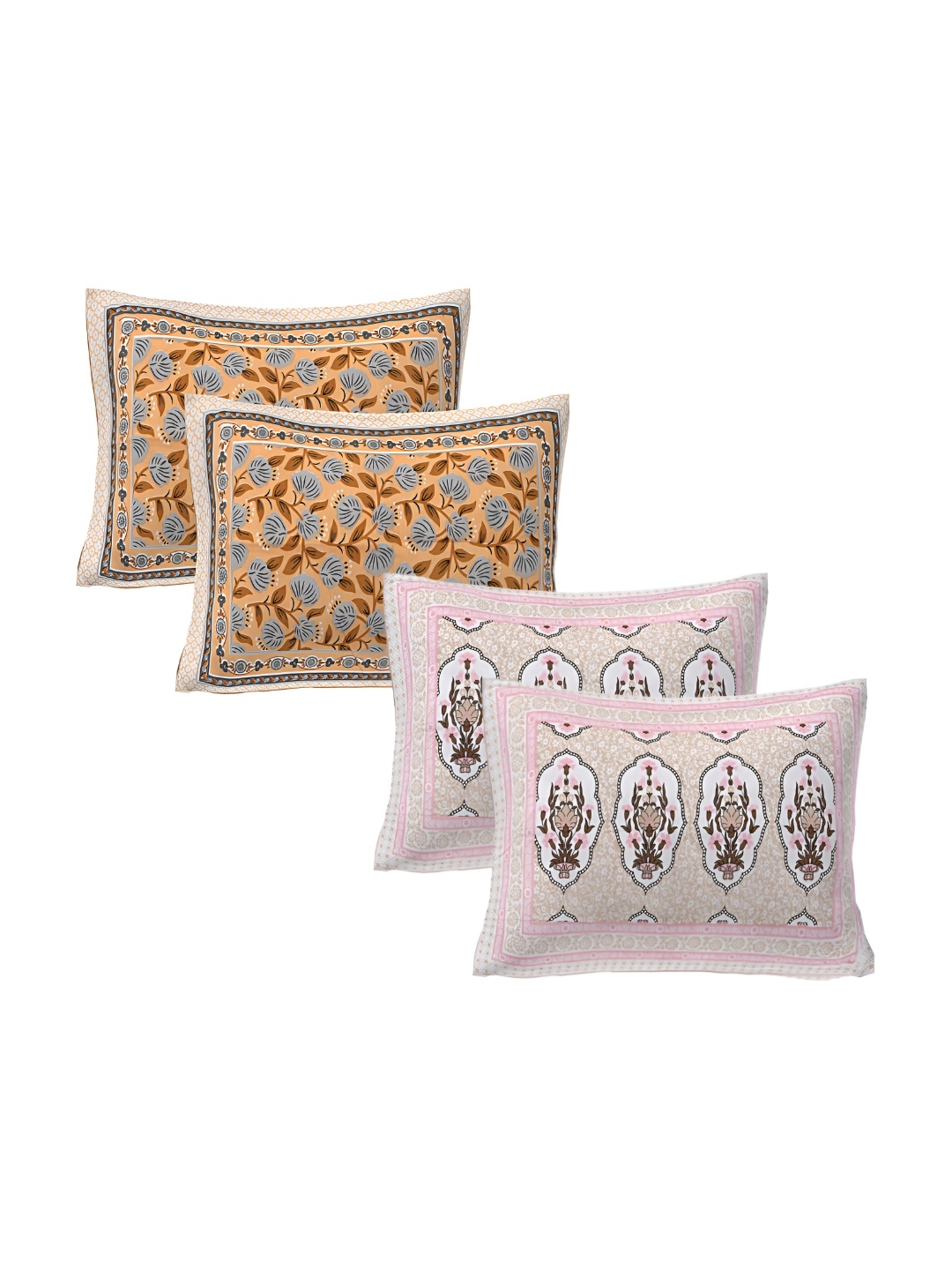 

VANI E Orange & Pink 4 Pieces Floral Printed Pure Cotton Square Pillow Covers