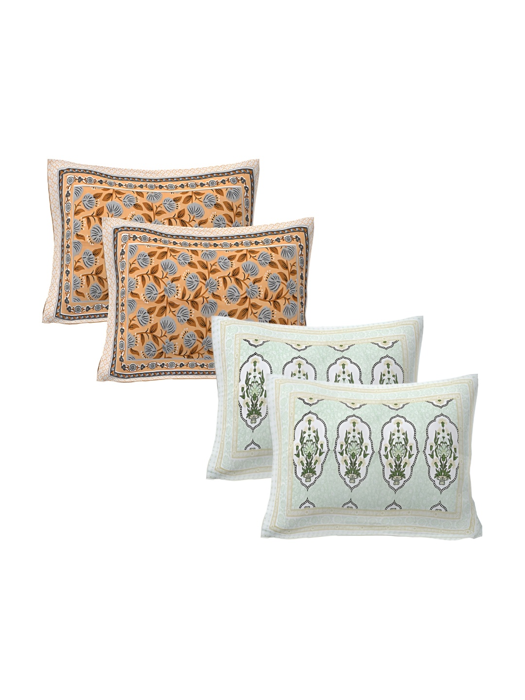 

VANI E Orange & Green 4 Pieces Floral Printed Pure Cotton Rectangle Pillow Covers