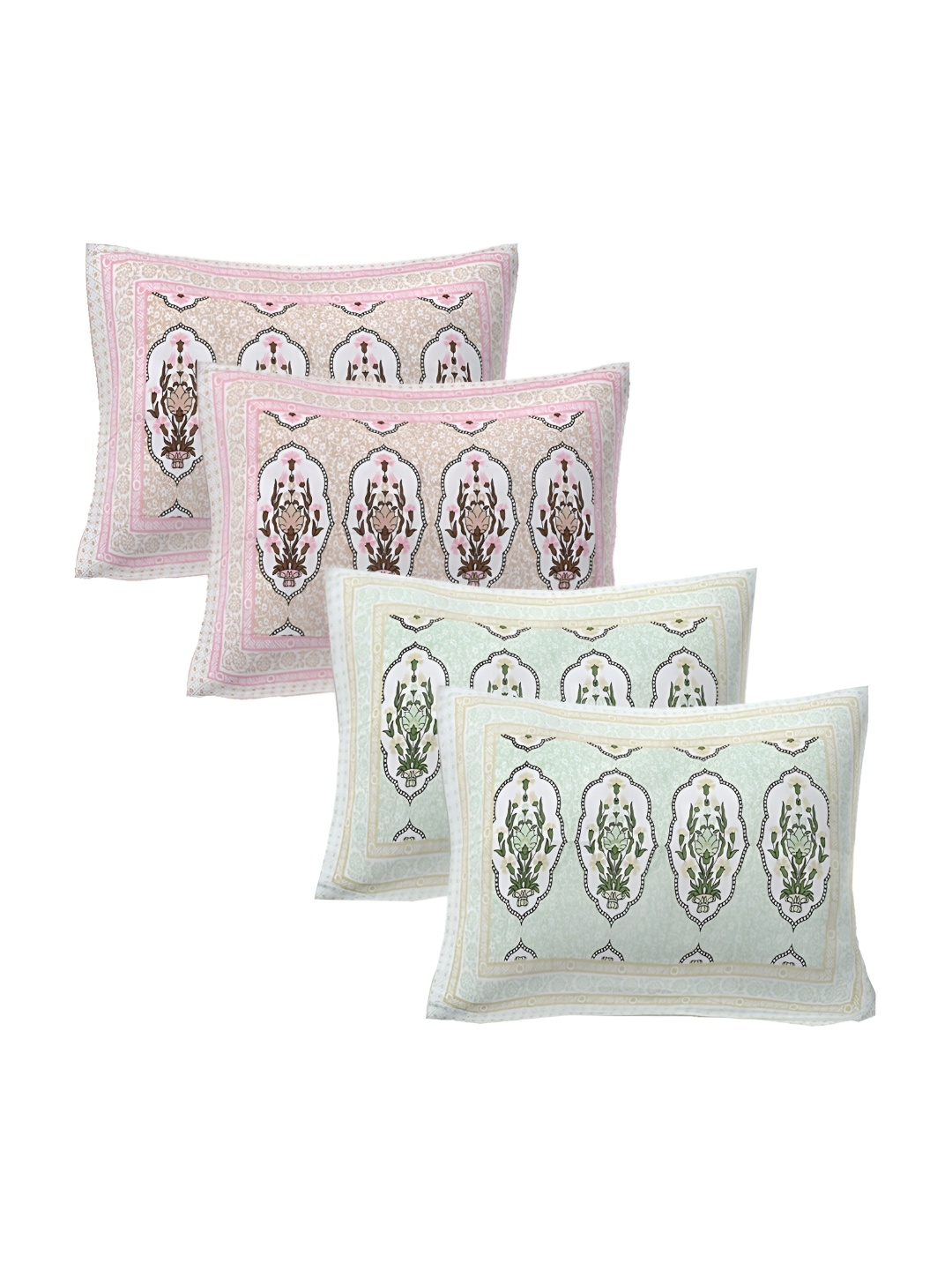

VANI E Pink & Green 4 Pieces Self Design Pure Cotton Rectangle Pillow Covers