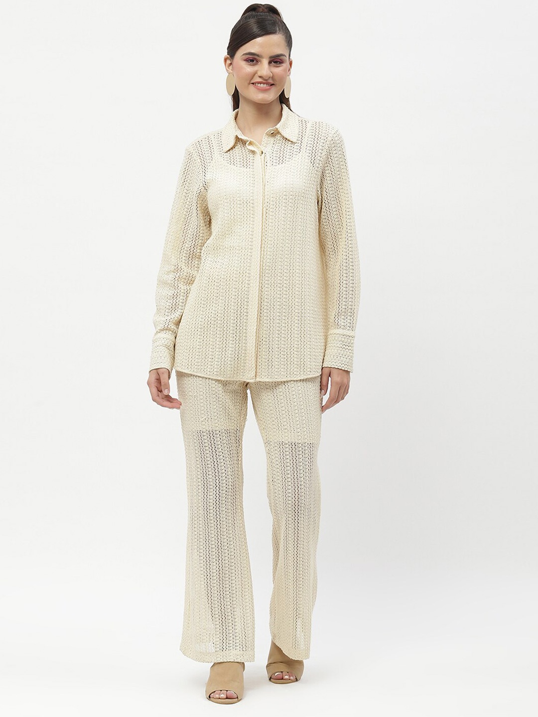

Madame Self Design Shirt Collar Long Sleeves Co-ords, Beige