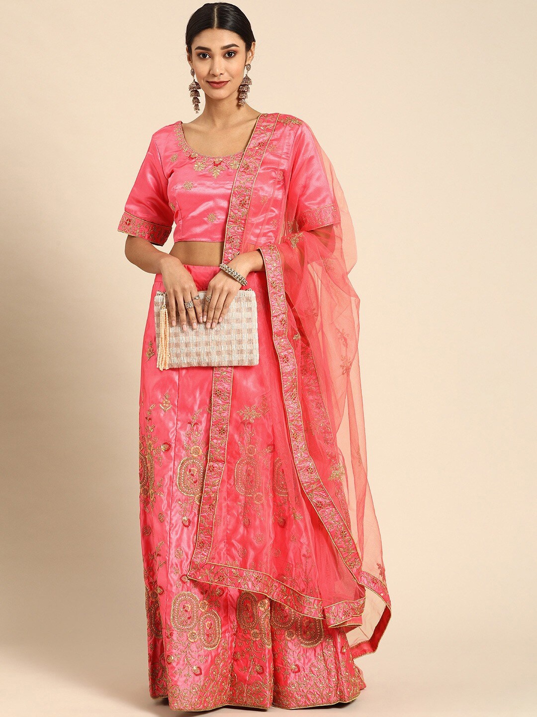 

KALINI Embroidered Thread Work Semi-Stitched Lehenga & Blouse With Dupatta, Pink