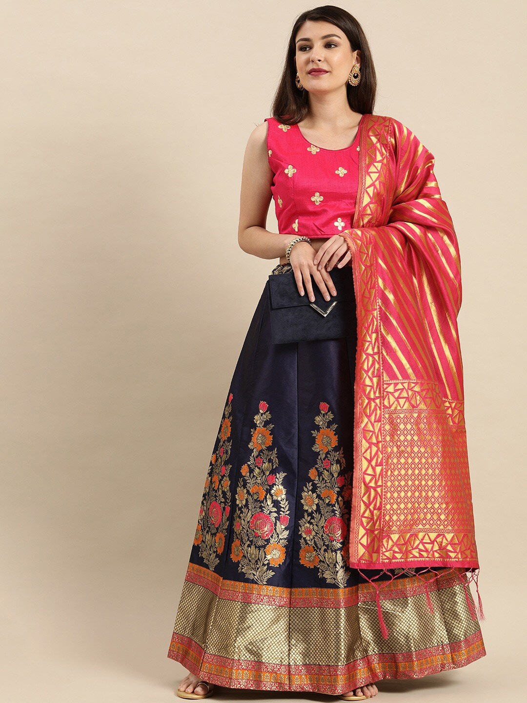 

KALINI Woven Design Semi-Stitched Lehenga & Blouse With Dupatta, Pink