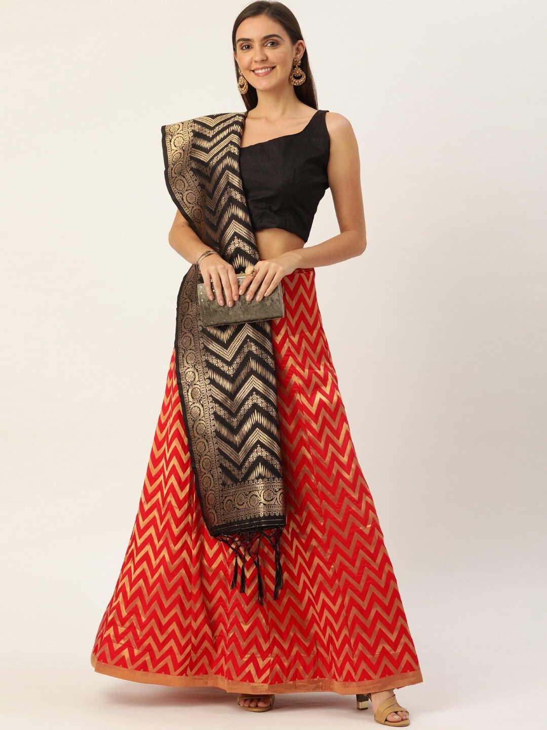 

KALINI Woven Design Semi-Stitched Lehenga & Blouse With Dupatta, Red