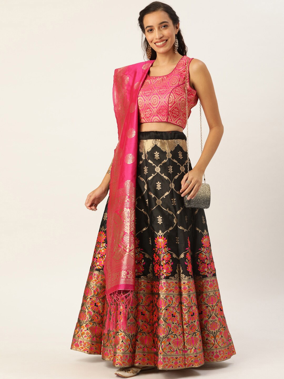 

KALINI Woven Design Semi-Stitched Lehenga & Blouse With Dupatta, Black