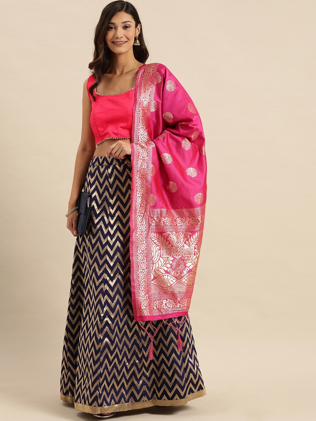 

KALINI Woven Design Semi-Stitched Lehenga & Blouse With Dupatta, Navy blue