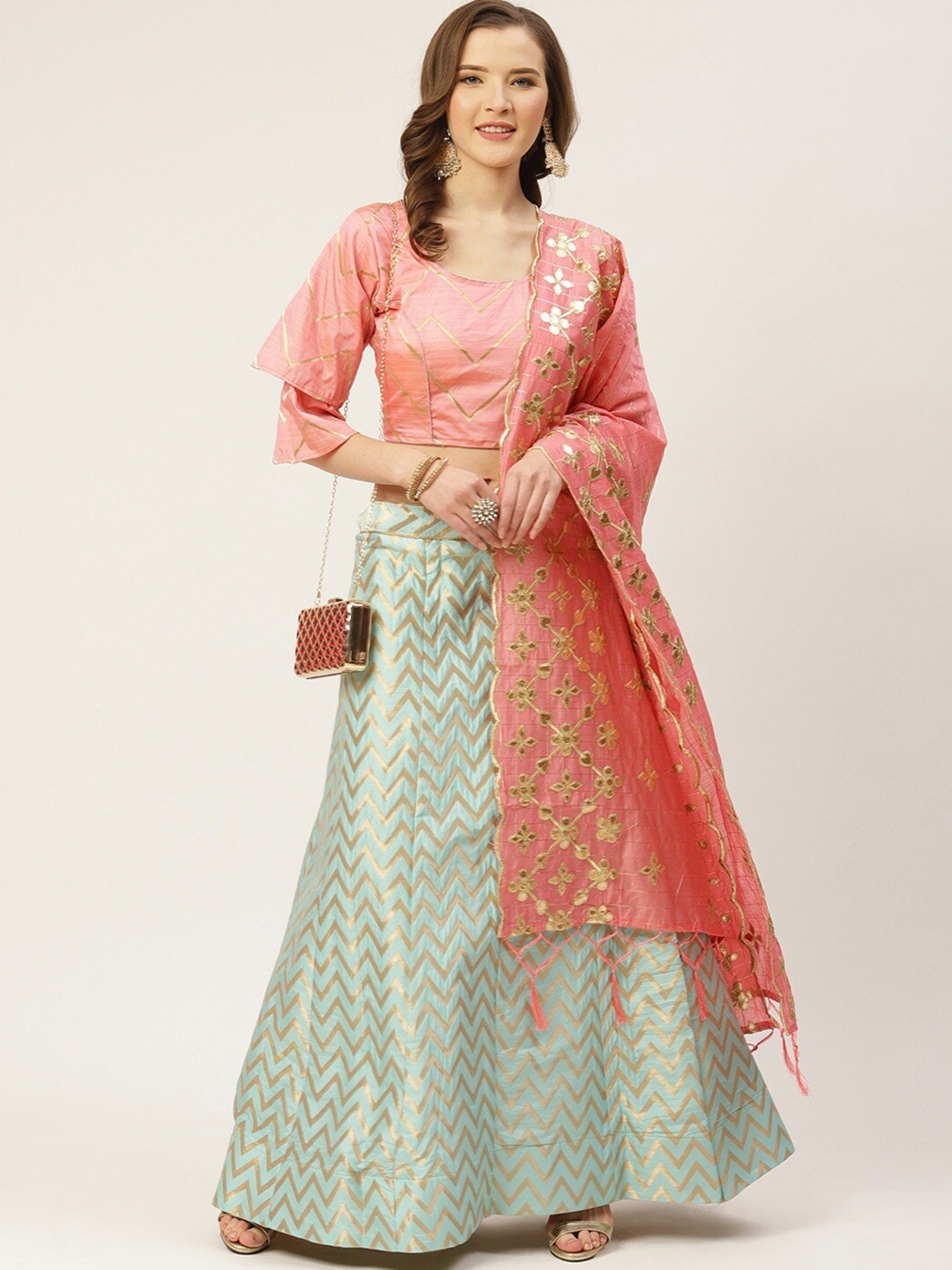 

KALINI Woven Design Semi-Stitched Lehenga & Blouse With Dupatta, Sea green