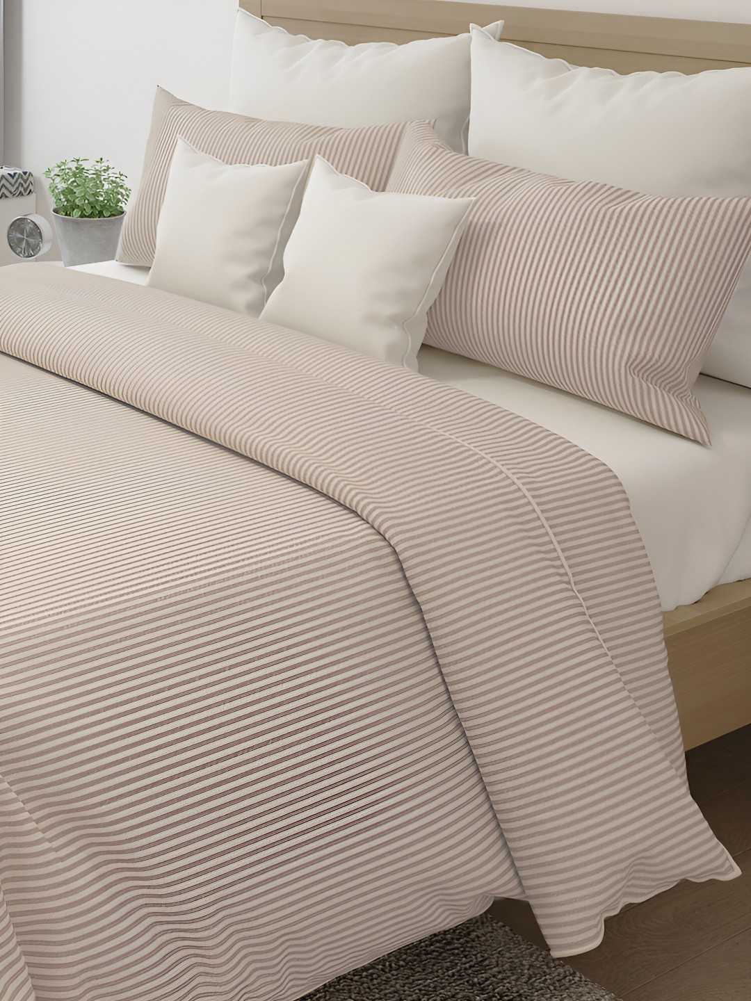 

LABHAM Beige Striped Printed Pure Cotton 144 TC King Bedsheet with 2 Pillow Covers