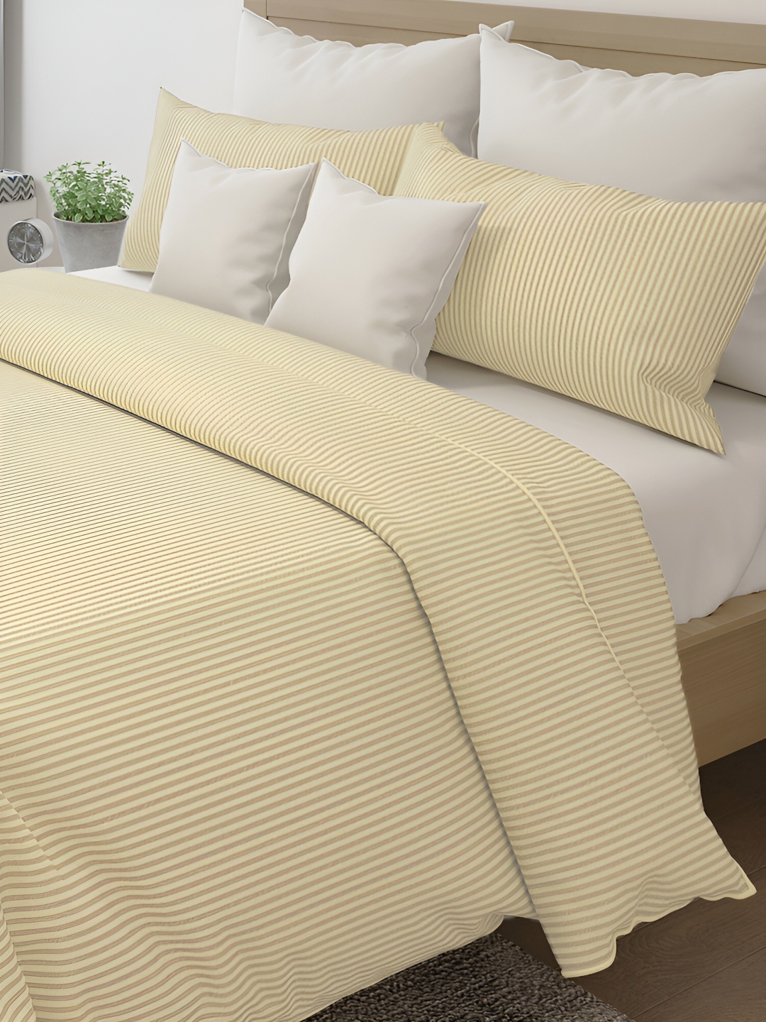 

LABHAM Yellow Striped Pure Cotton 144 TC King Bedsheet with 2 Pillow Covers