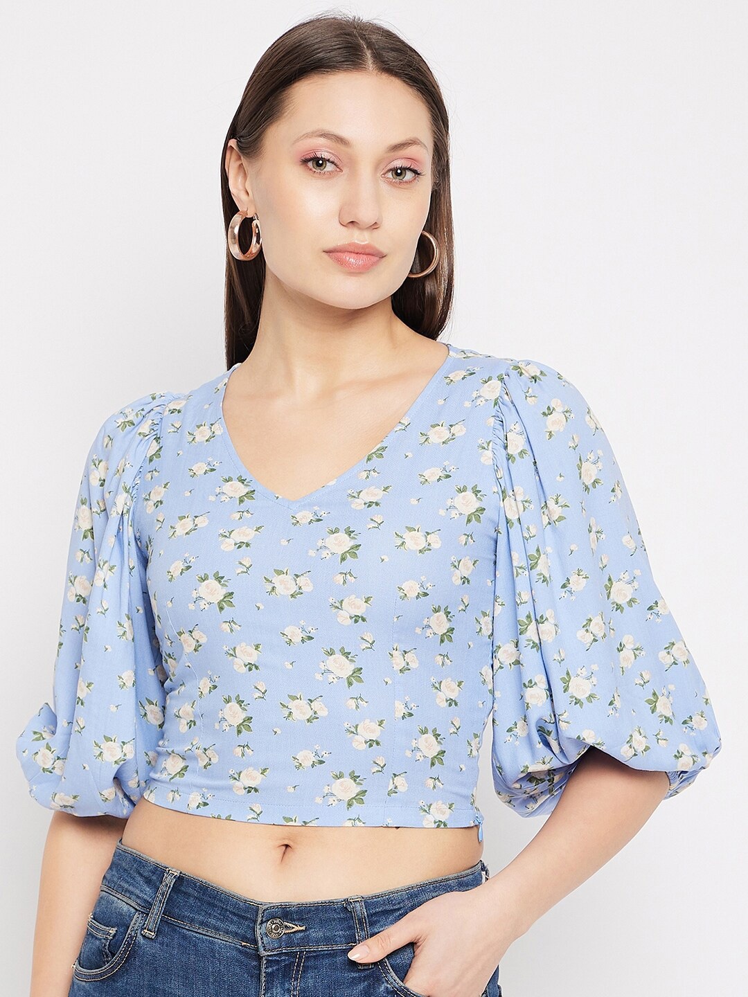 

Hypernation Floral Printed Puff Sleeves Fitted Crop Top, Blue
