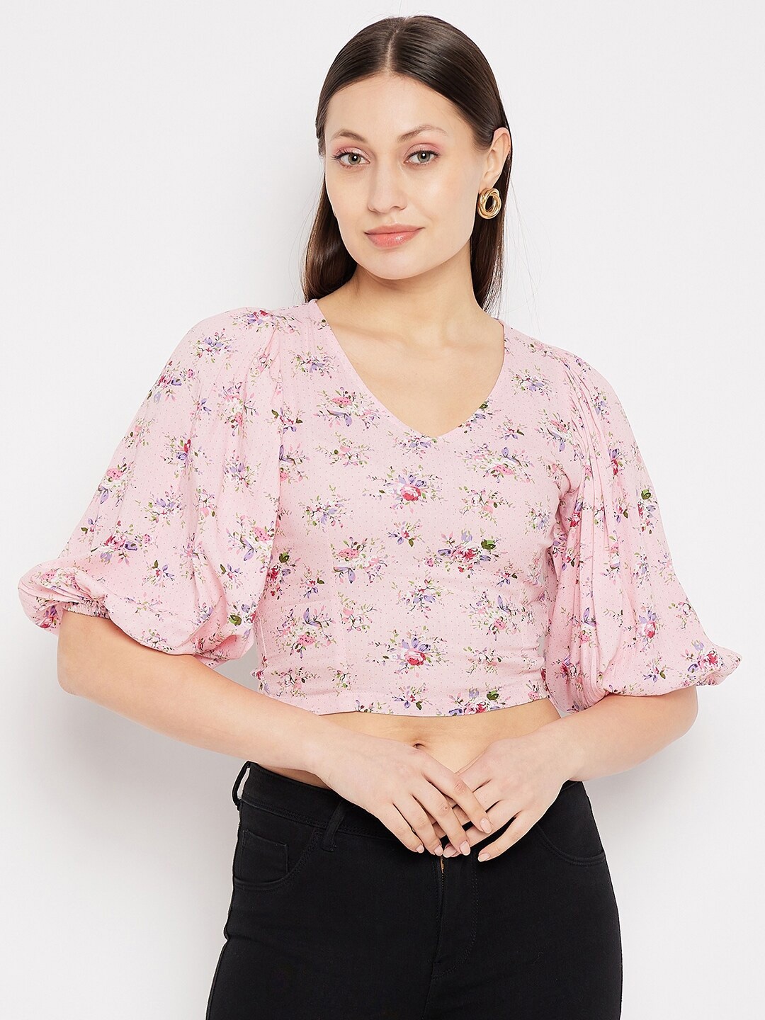 

Hypernation Floral Printed Puff Sleeve Fitted Crop Top, Pink