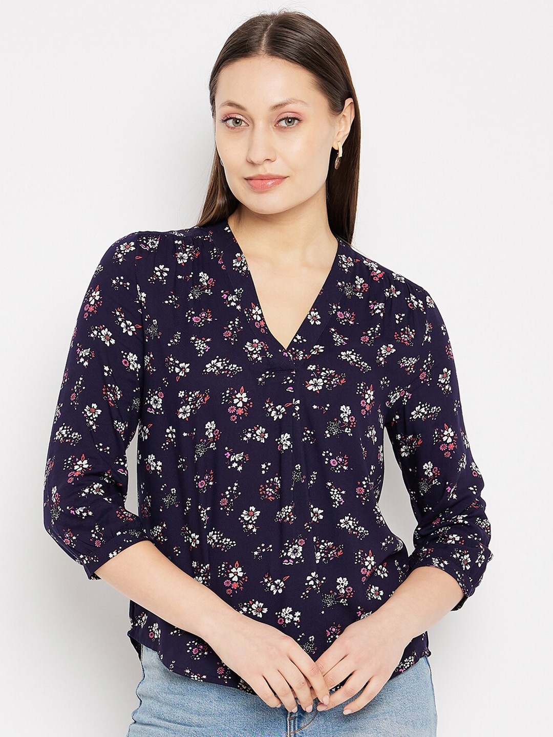 

Hypernation Floral Printed Cuffed Sleeves High-Low Top, Navy blue