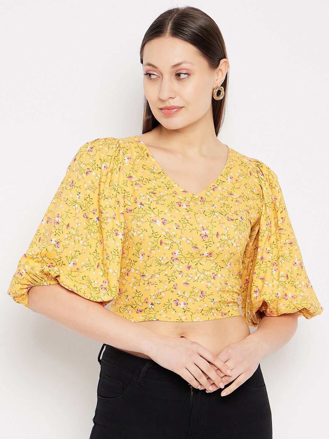 

Hypernation Floral Printed Puff Sleeve Fitted Crop Top, Yellow