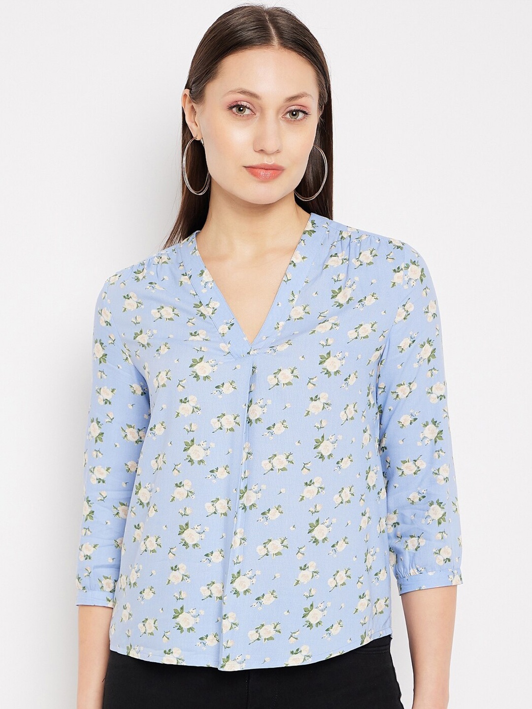 

Hypernation Floral Printed Cuffed Sleeves High-Low Top, Blue