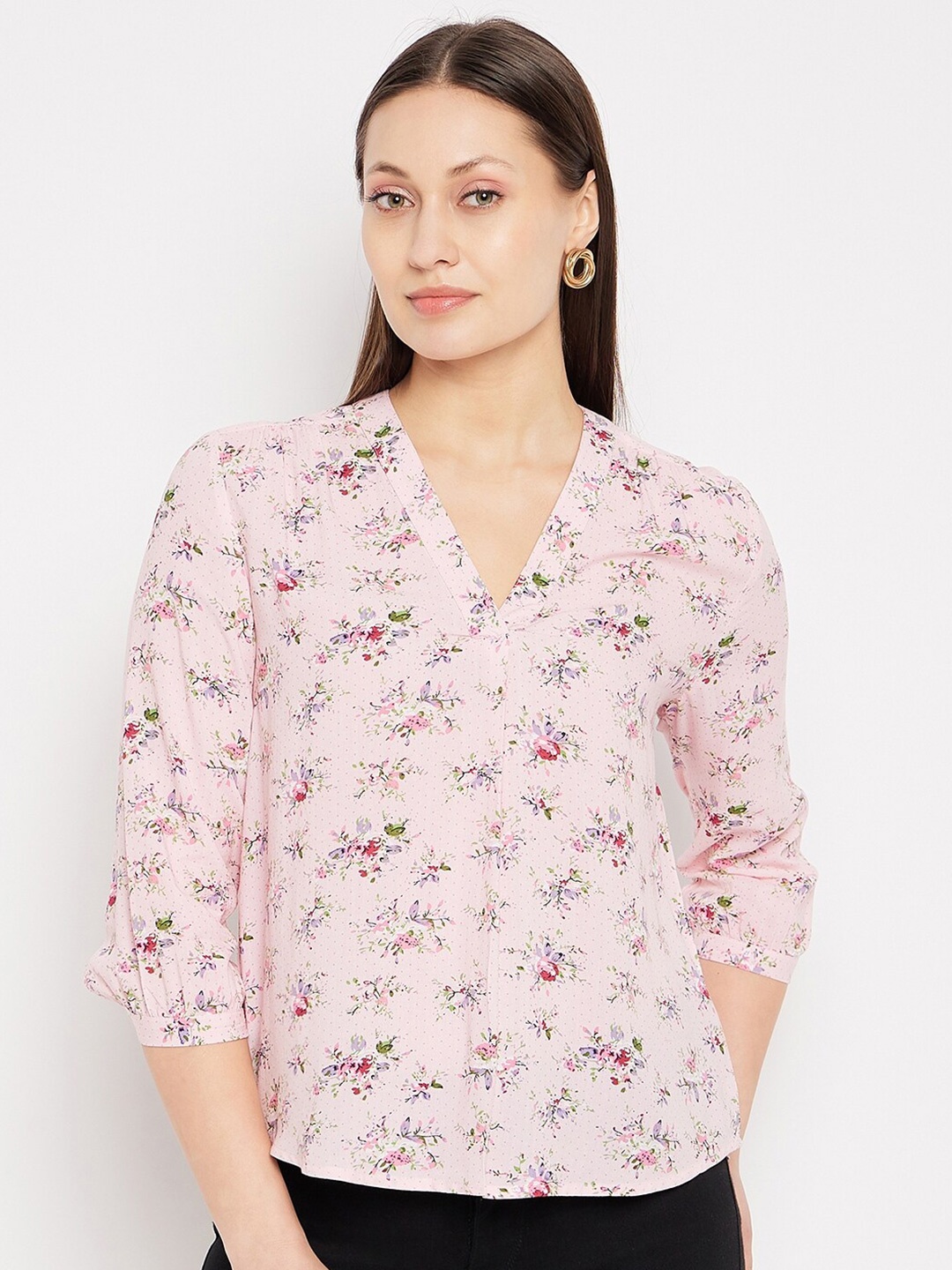 

Hypernation Floral Printed Cuffed Sleeves High-Low Top, Pink