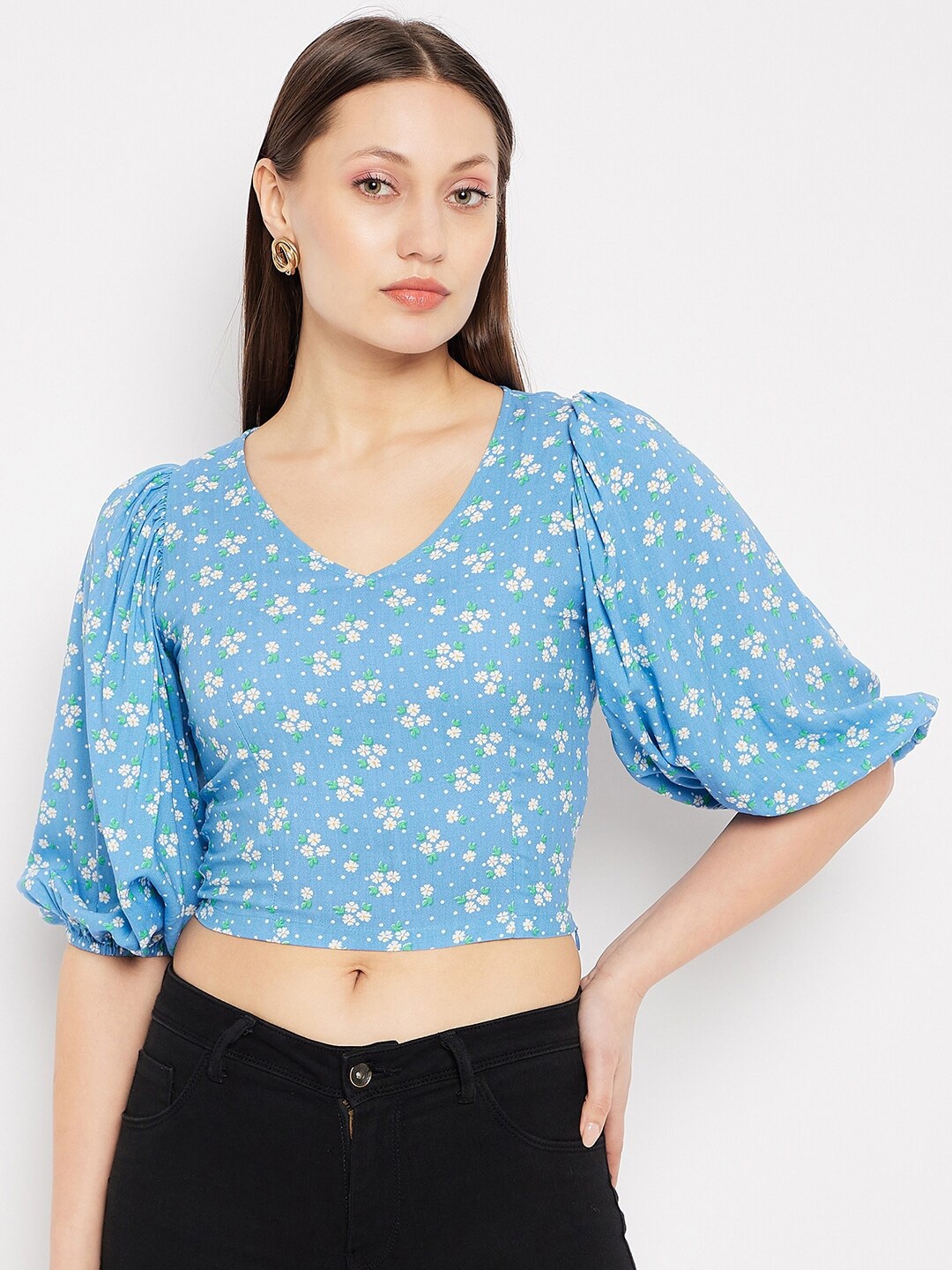 

Hypernation Floral Printed Puff Sleeves Fitted Crop Top, Blue