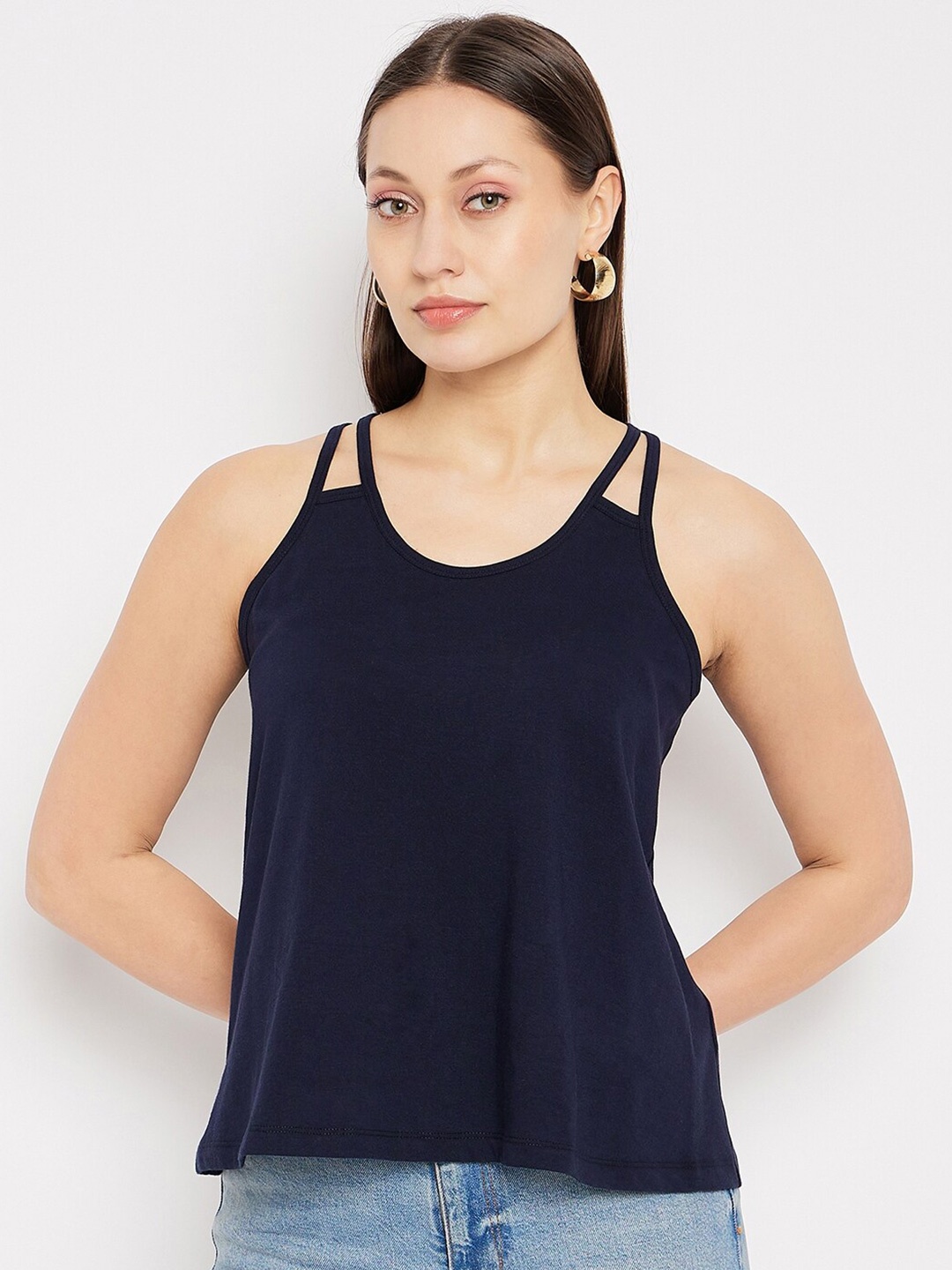 

Hypernation Shoulder Straps Sleeveless Cotton Tank Top, Navy blue