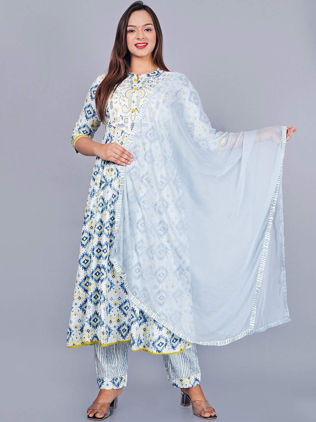 

KALINI Floral Printed Mandarin Collar Anarkali Thread Work Kurta With Trousers & Dupatta, Blue