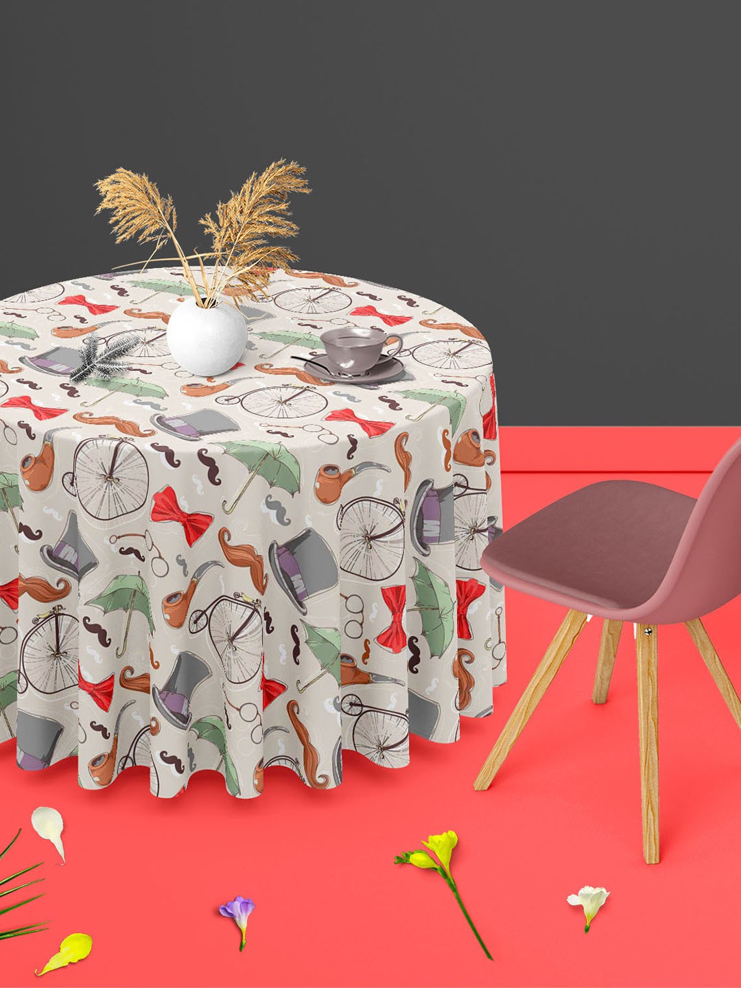

ArtzFolio Off White & Red Printed Anti-Slip Velvet Round 4 Seater Table Cover