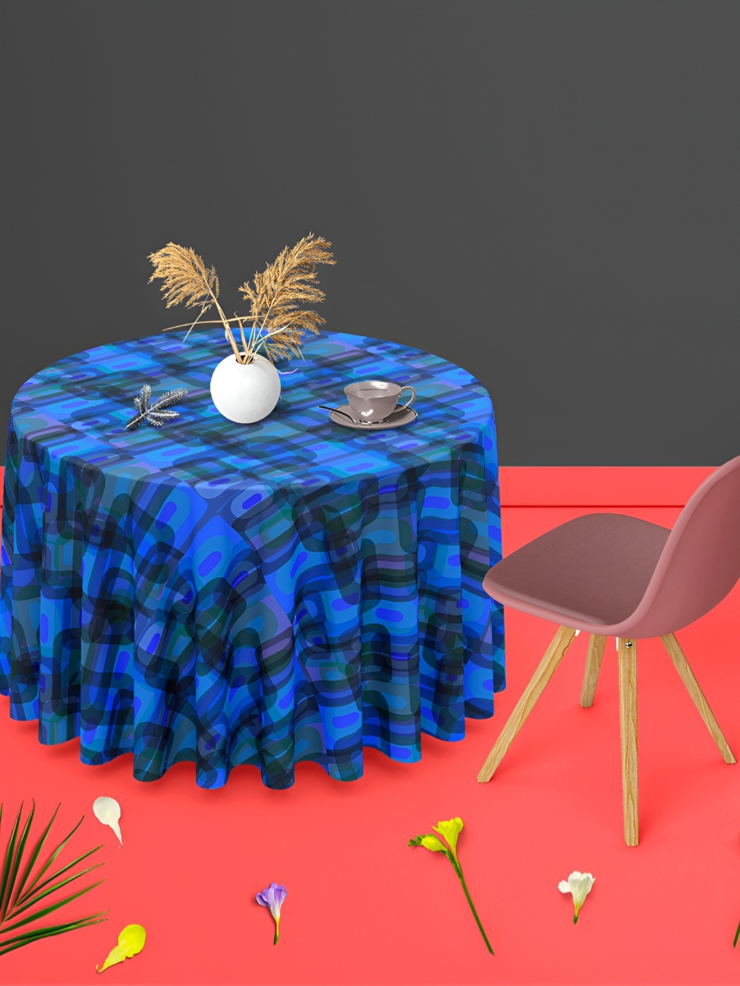 

ArtzFolio Blue & Black Printed Velvet Anti-Slip Round Table Cover