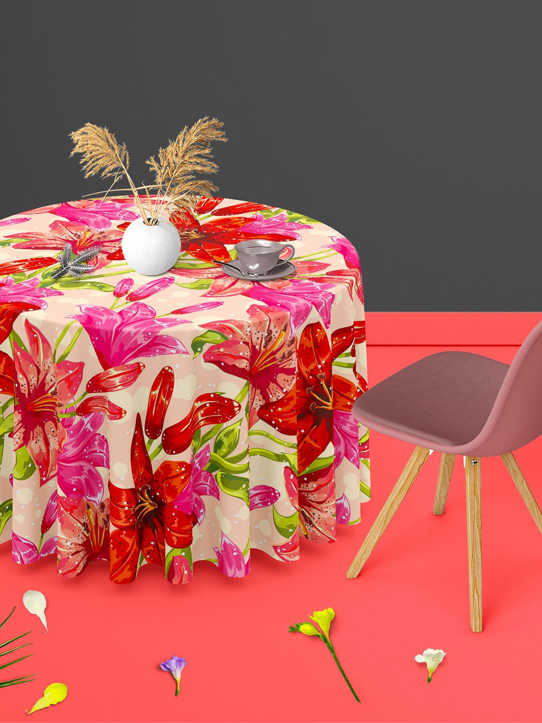 

ArtzFolio Pink & Red Floral Print Anti-Slip Round 8-Seater Table Cover