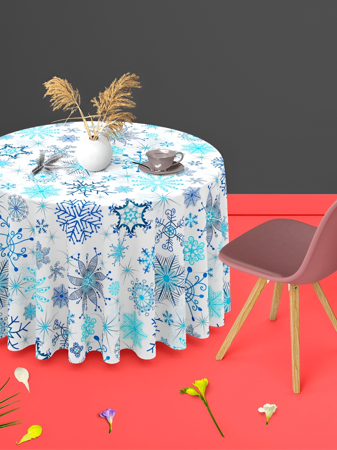 

ArtzFolio White & Blue Abstract Printed Anti-Slip Round Canvas 6 Seater Table Cover