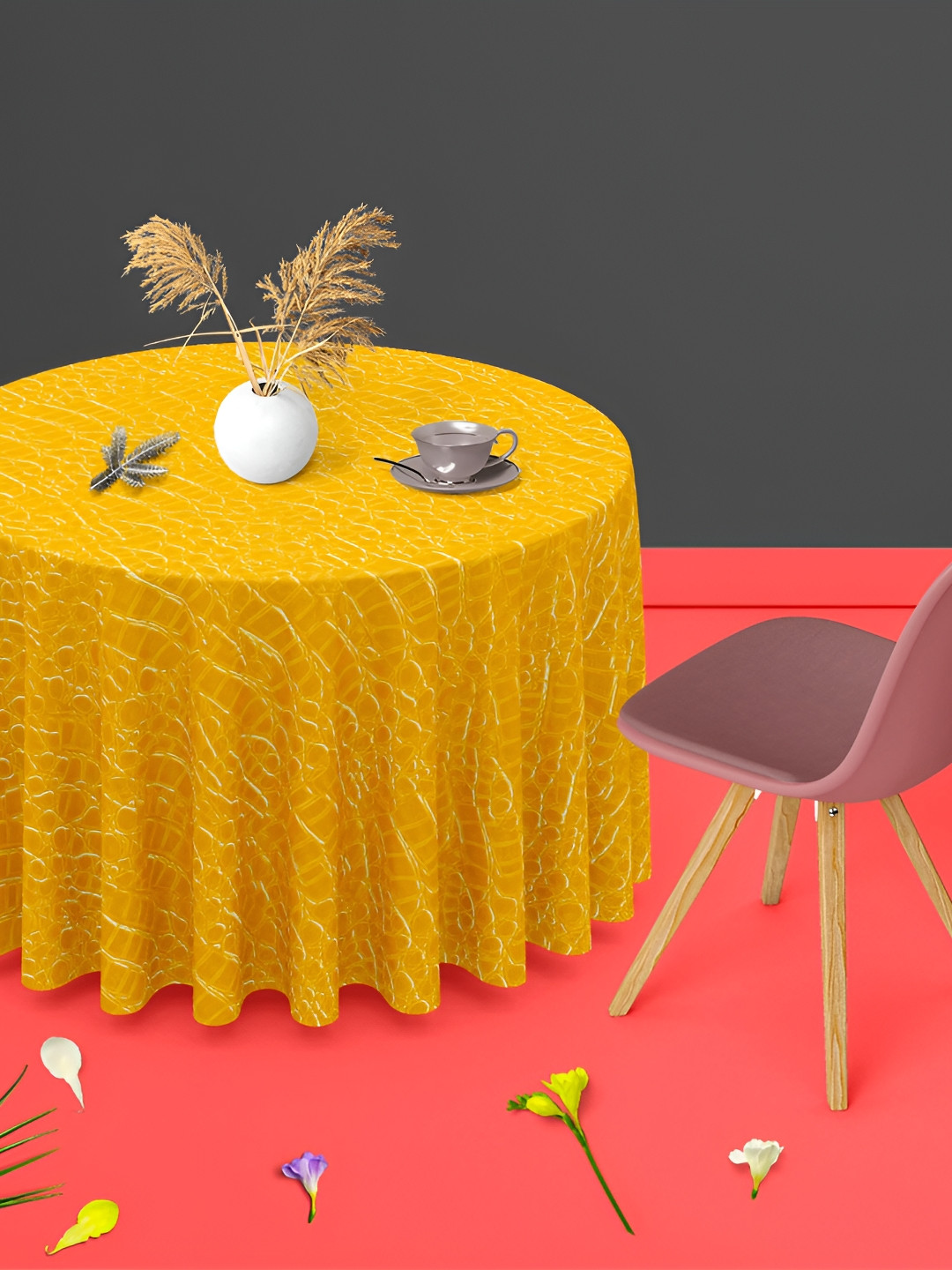 

ArtzFolio Mustard Abstract Printed Velvet Anti-Slip Round 4-Seater Table Cover