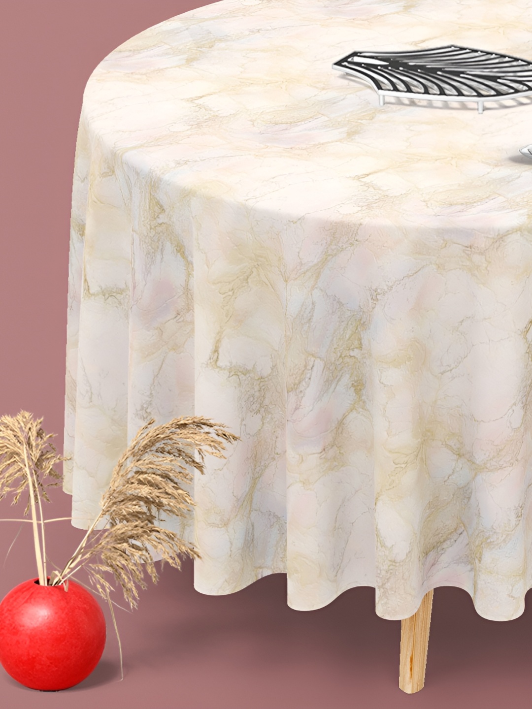 

ArtzFolio Off-White Printed Anti-Slip Velvet Round 8-Seater Table Cover