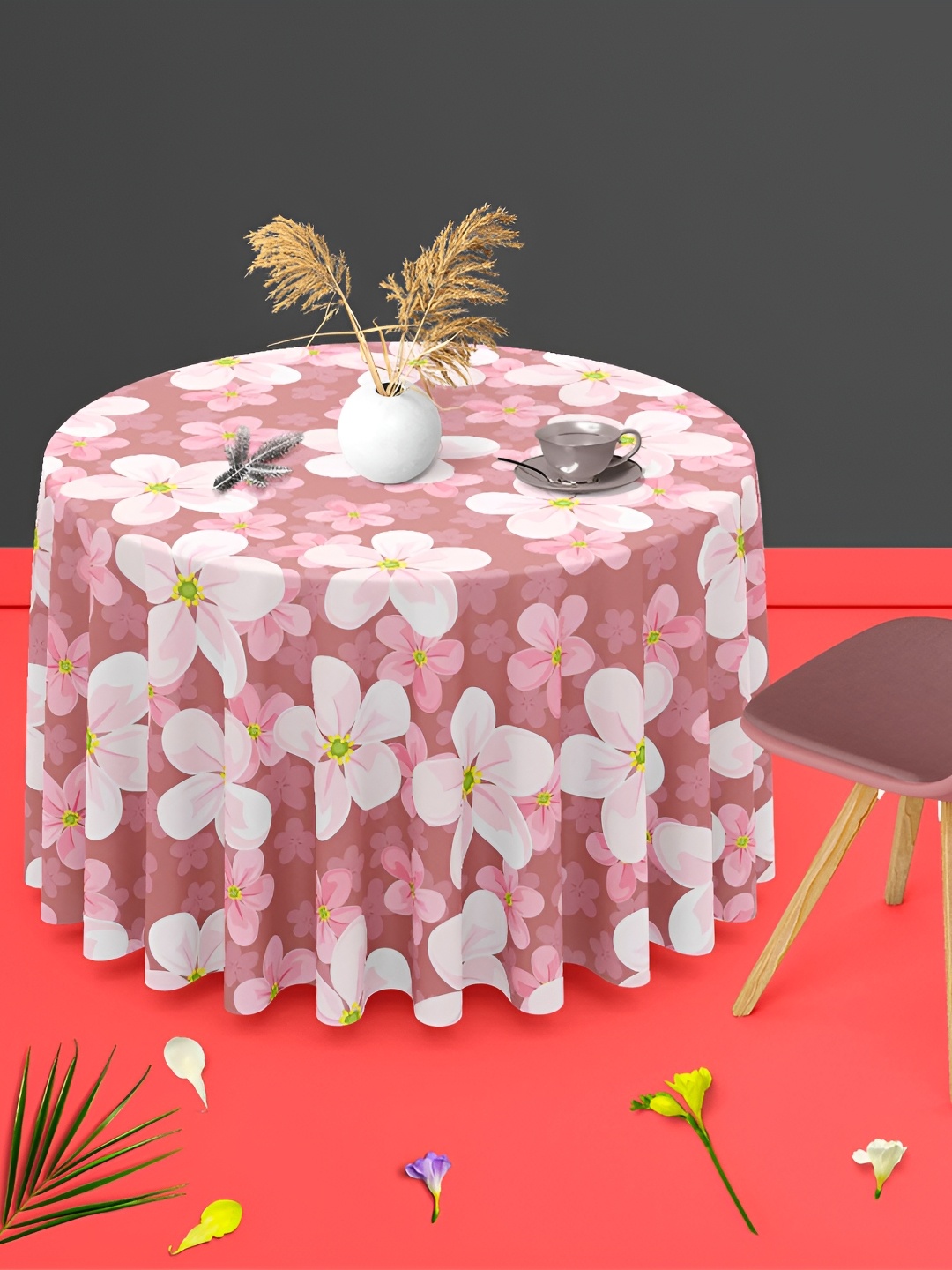 

ArtzFolio Pink & White Floral Printed Anti Slip Round Table Cover