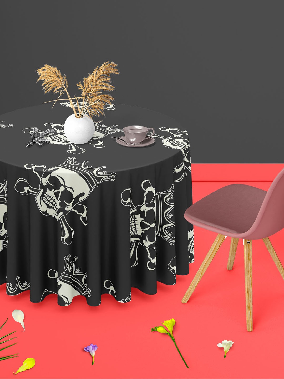

ArtzFolio Black Crowned Skull Print Monochrome Anti-Slip Round 4-Seater Table Cover