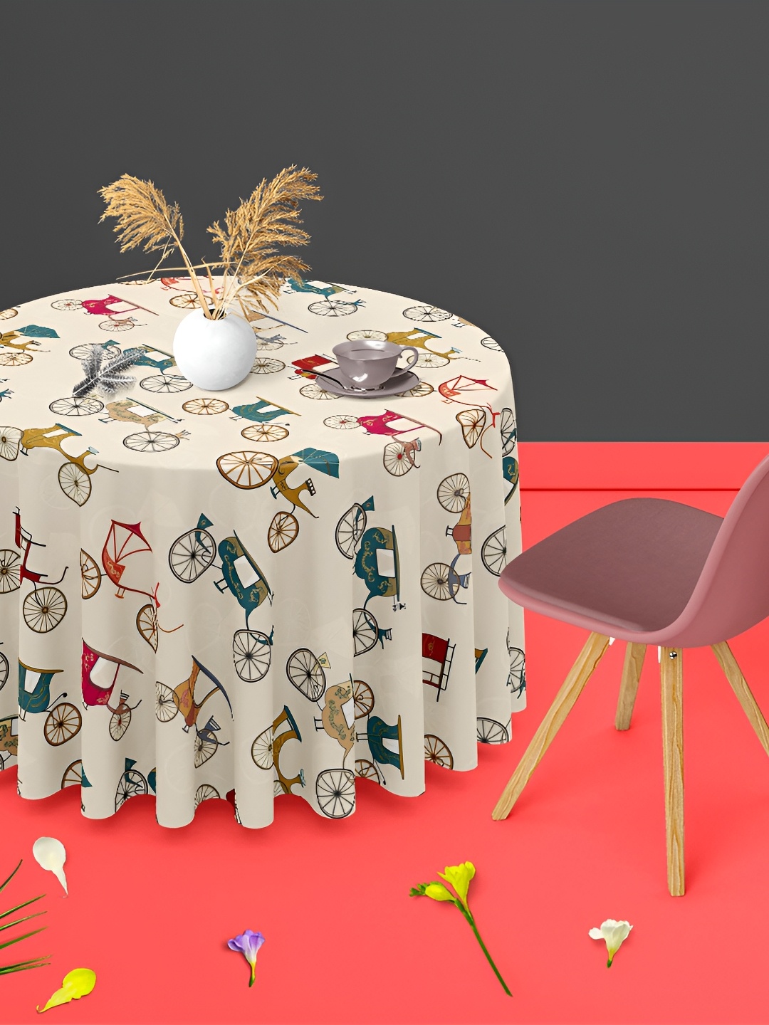 

ArtzFolio Cream Printed Velvet Anti-Slip Round 6-Seater Table Cover