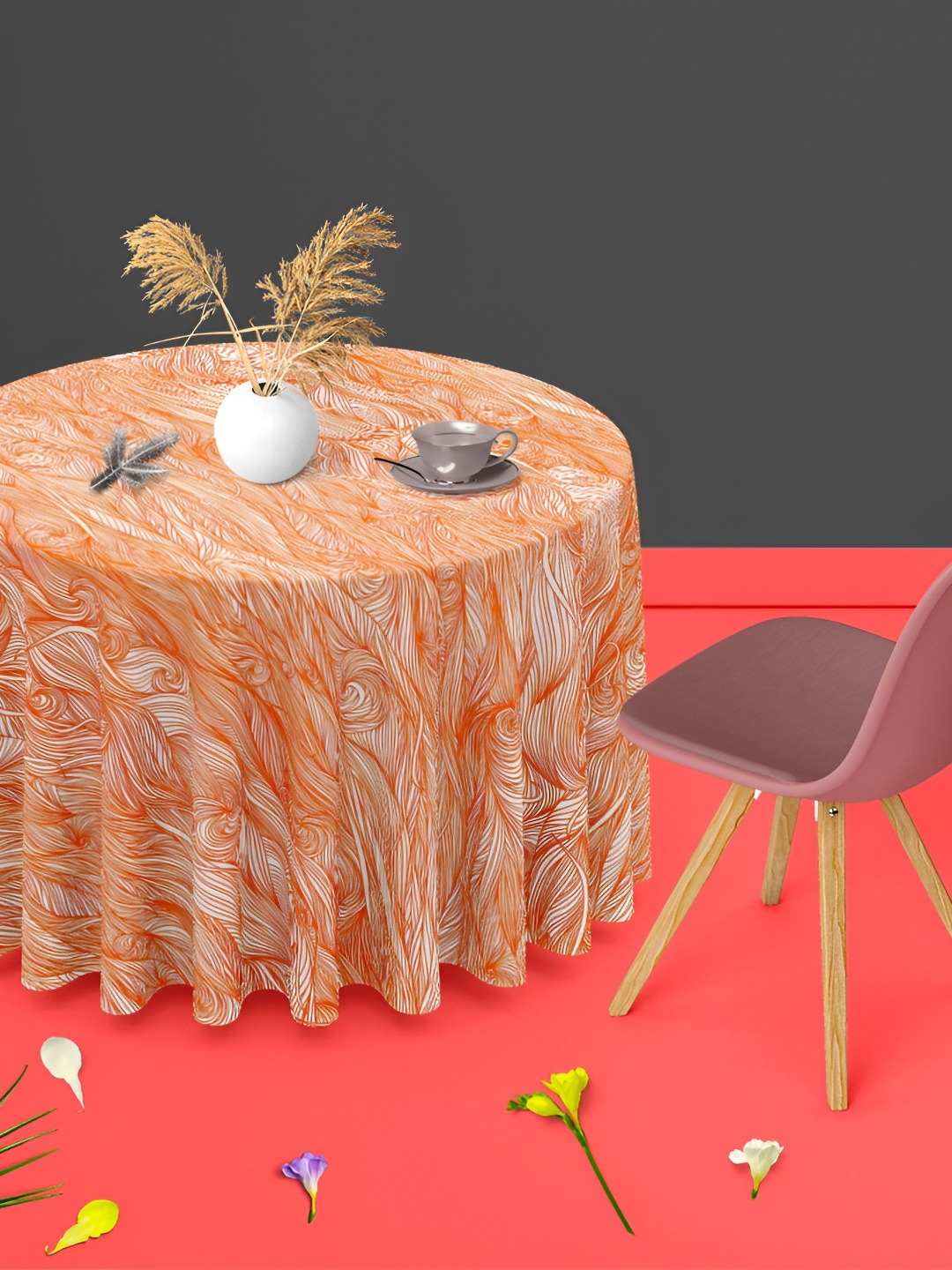 

ArtzFolio White & Orange Anti-Slip Round 8-Seater Table Cover