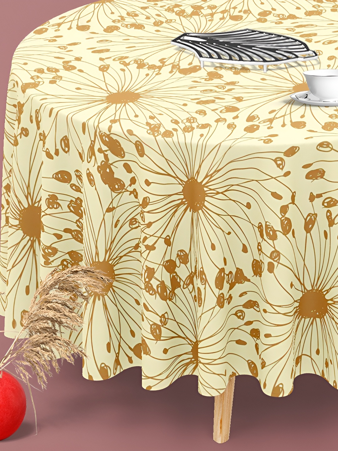 

ArtzFolio Beige Printed Anti-Slip Velvet Round 8-Seater Table Cover
