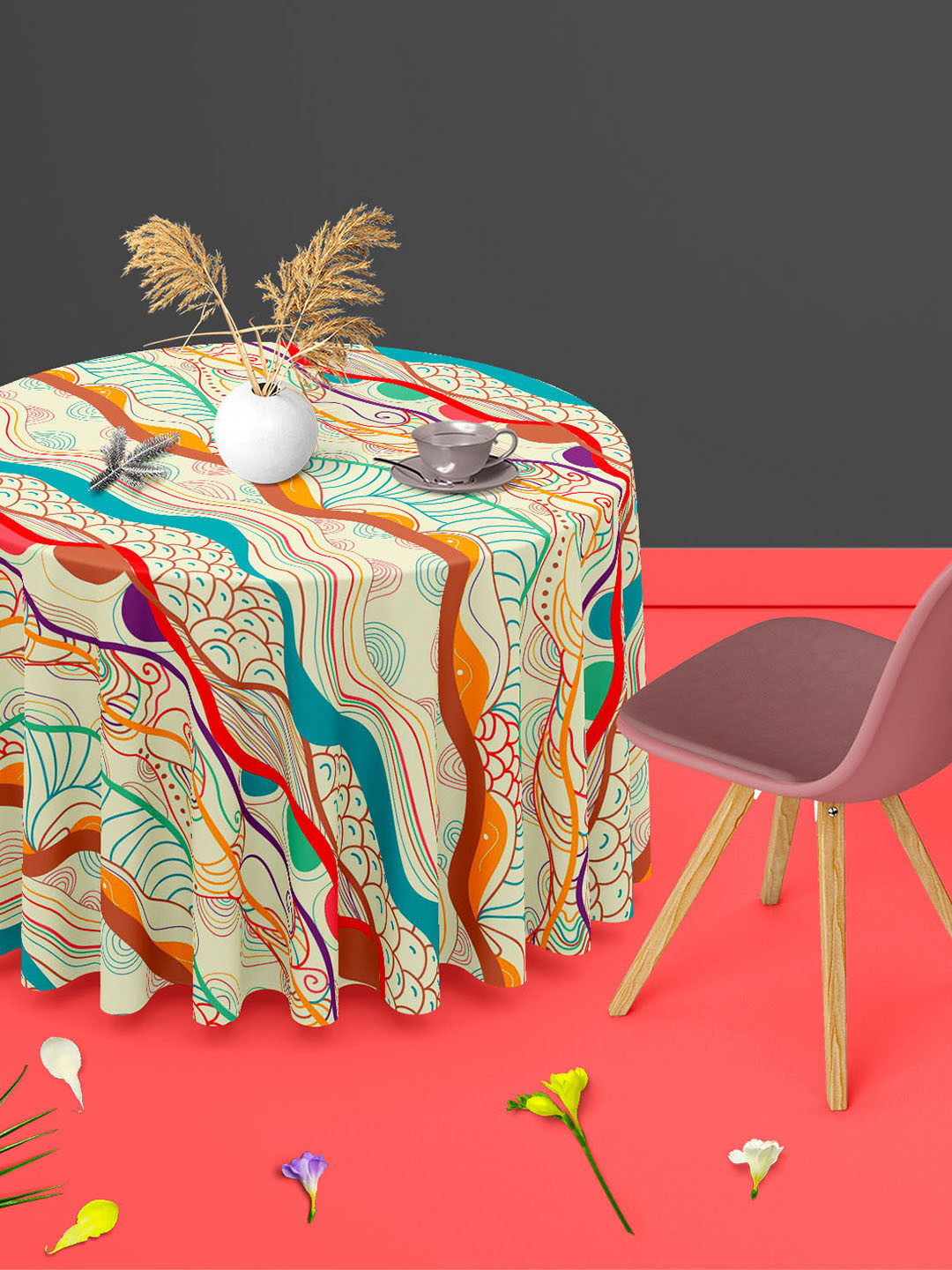 

ArtzFolio Beige Abstract Print Anti-Slip Round 4-Seater Table Cover