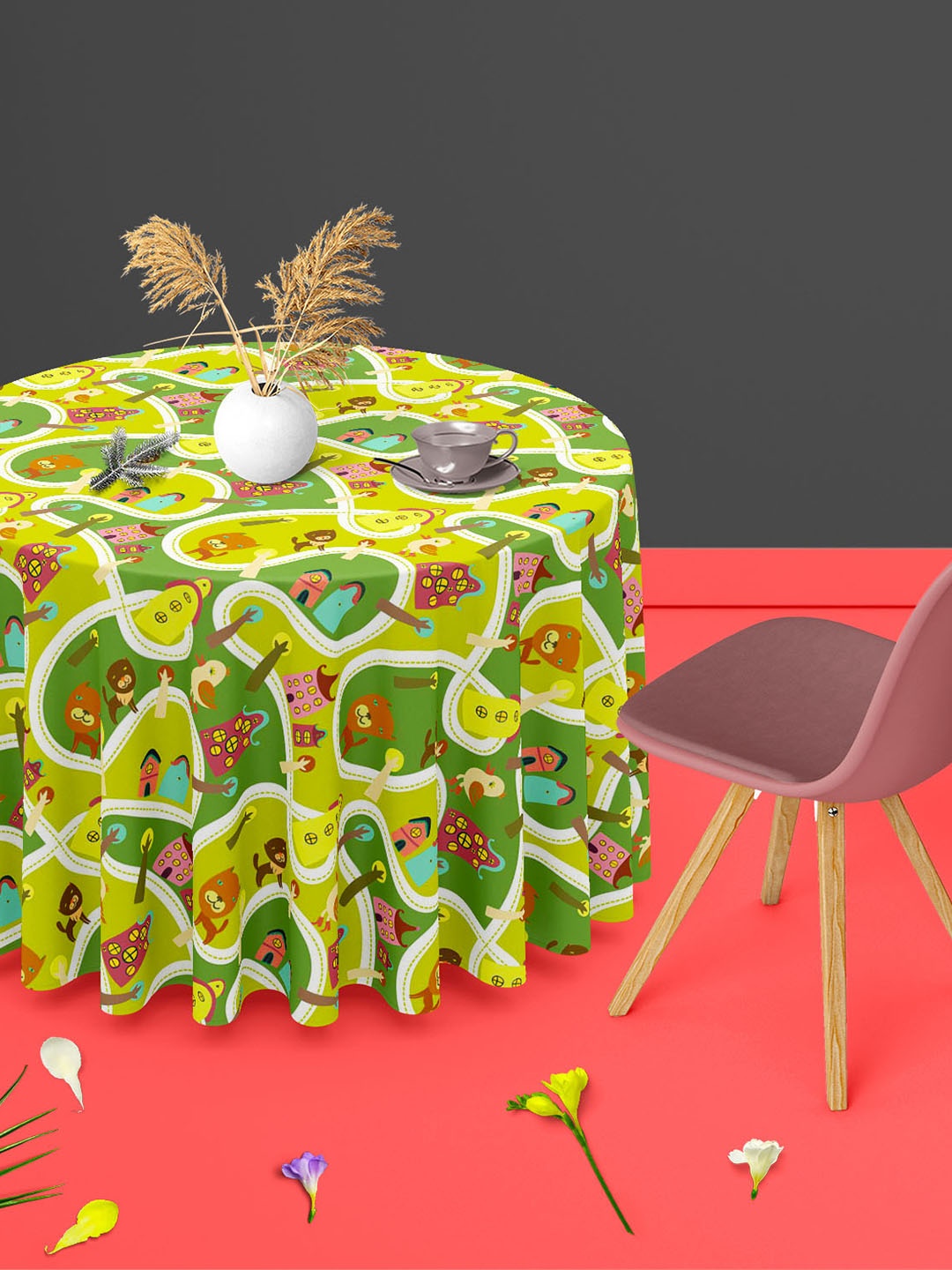 

ArtzFolio Green Cartoon Printed Anti-Slip Round 6-Seater Table Cover