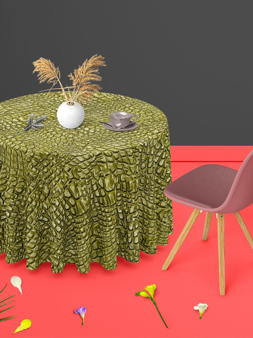 

ArtzFolio Olive Green Crocodile Skin Printed Anti-Slip Round 4-Seater Table Cover
