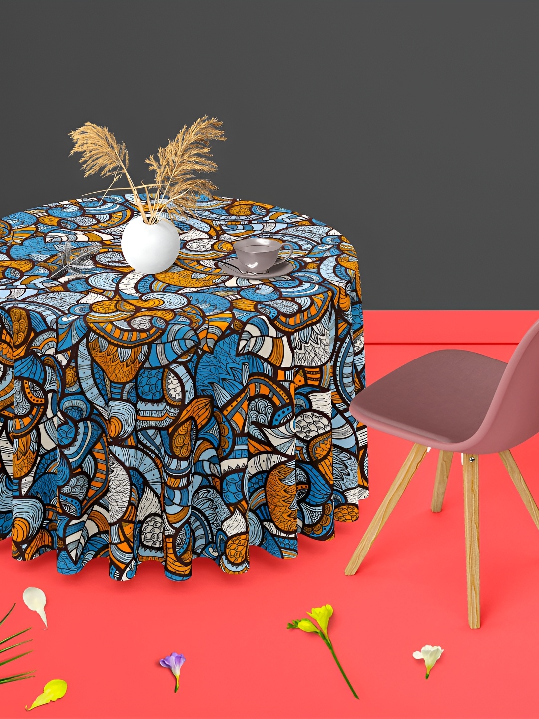 

ArtzFolio Blue & Brown Printed Velvet Anti-Slip Round Table Cover