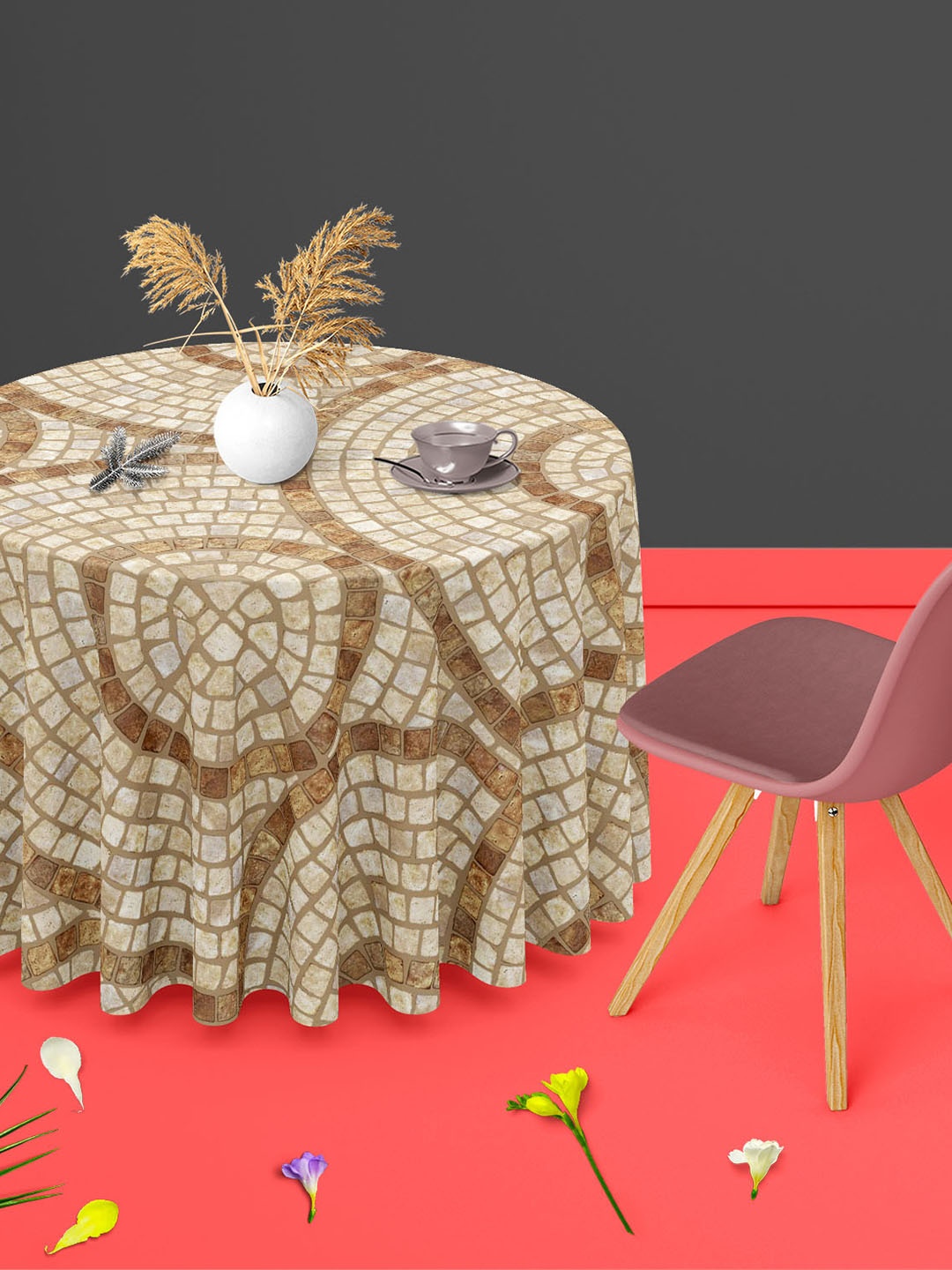 

ArtzFolio Brown Cobblestone Printed Anti-Slip Round 8-Seater Table Cover