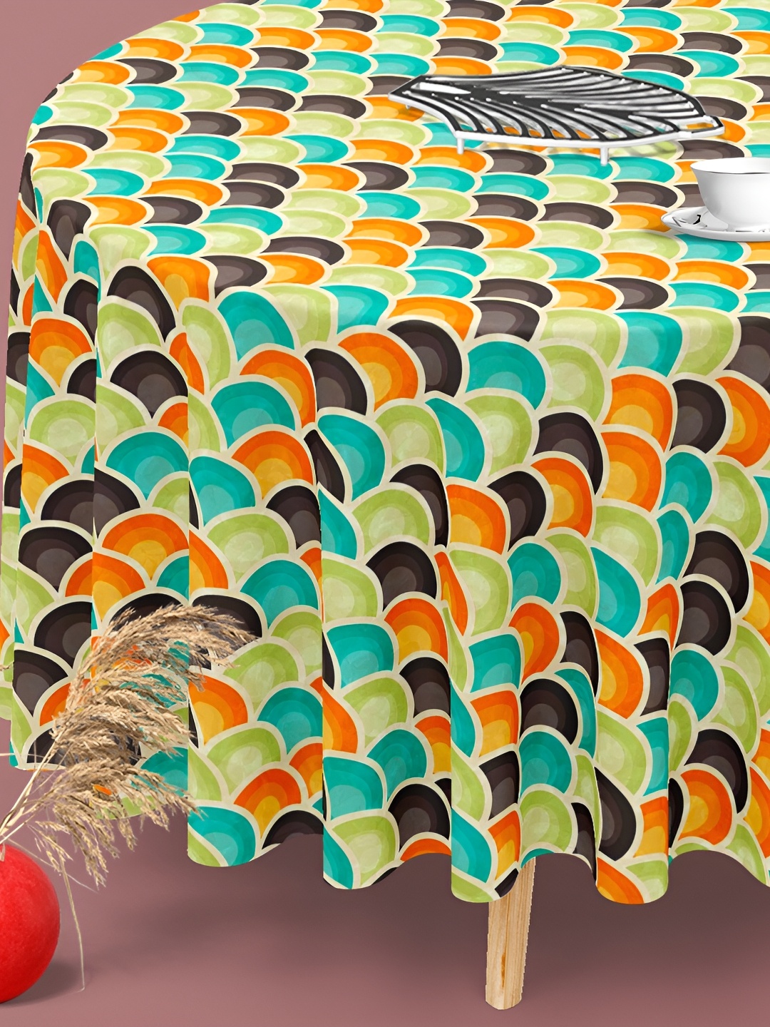 

ArtzFolio Green & Orange Anti-Slip Round 6-Seater Table Cover