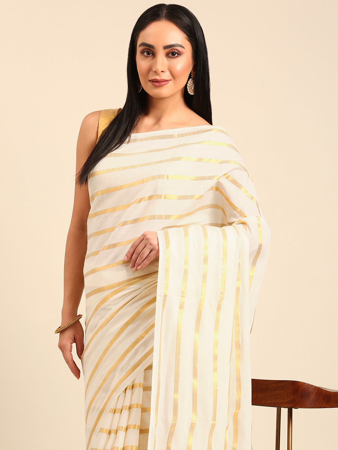 

Kalyan Silks Striped Pure Cotton Kasavu Saree, Off white