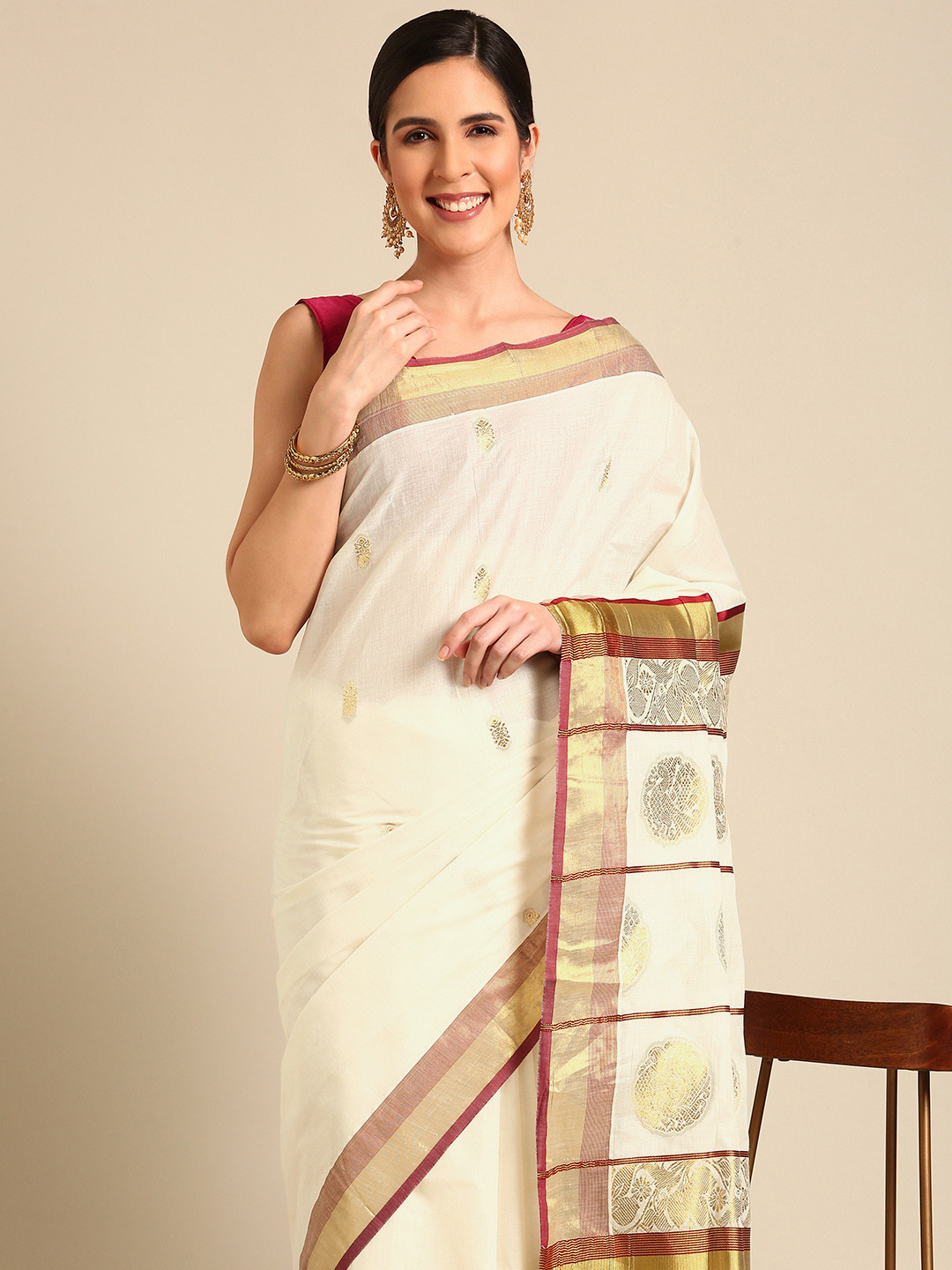 

Kalyan Silks Ethnic Motifs Zari Pure Cotton Kasavu Saree, Off white
