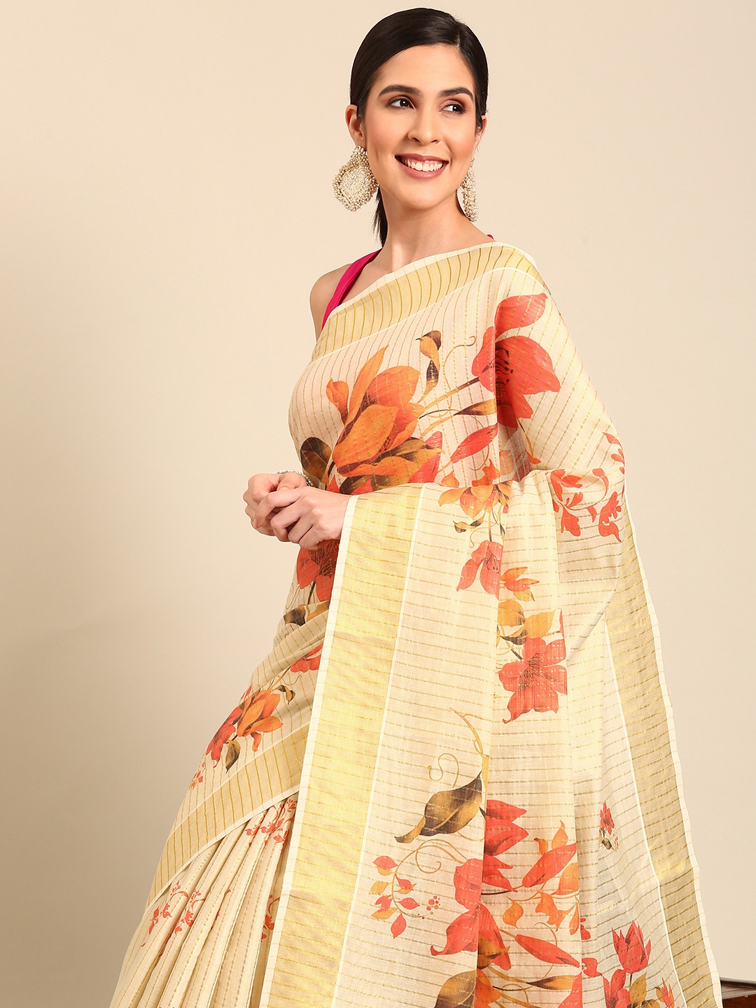 

Kalyan Silks Floral Zari Tissue Kasavu Saree, Beige
