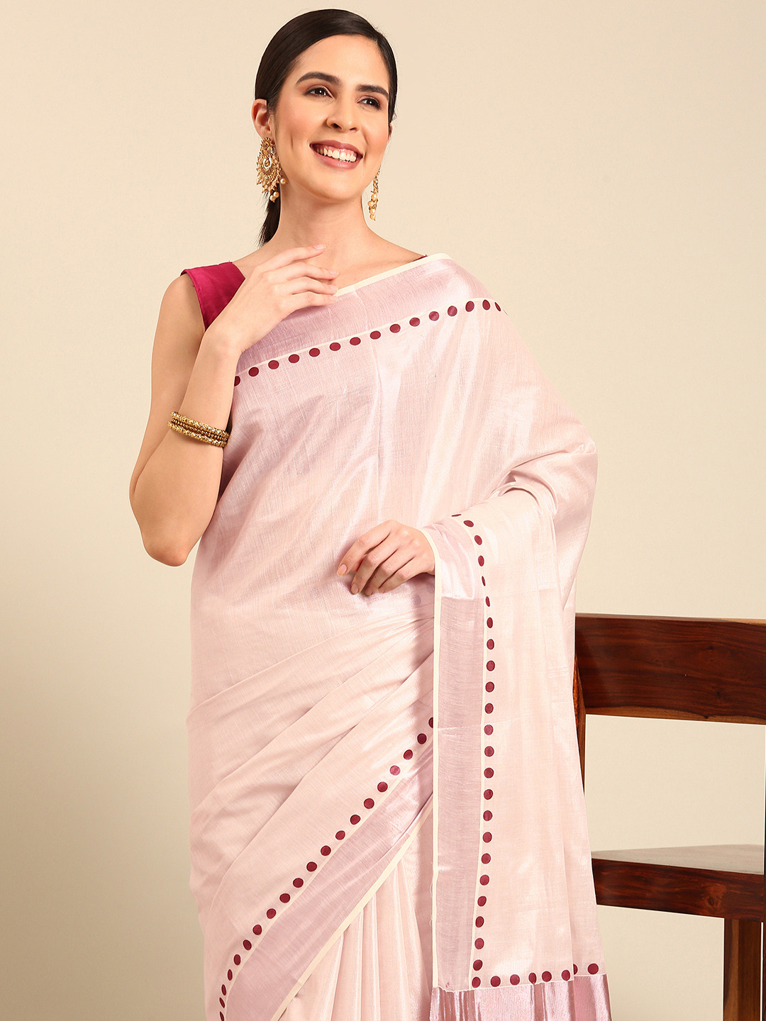 

Kalyan Silks Pure Cotton Kasavu Saree, Pink