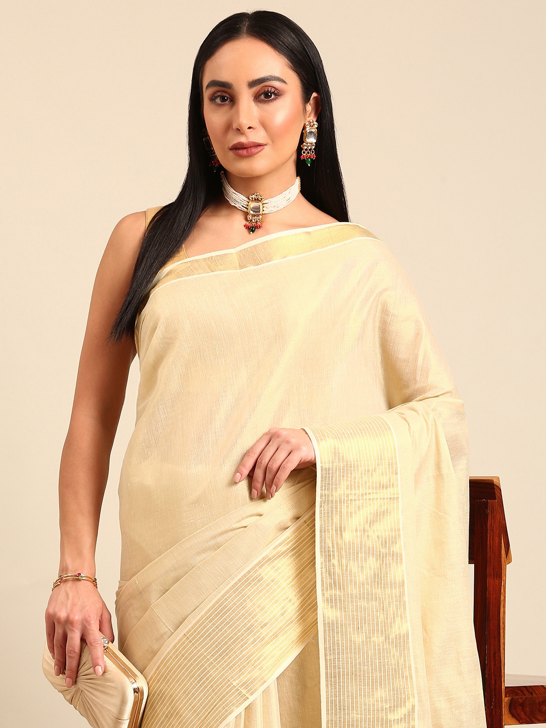 

Kalyan Silks Zari Pure Cotton Kasavu Saree, Off white