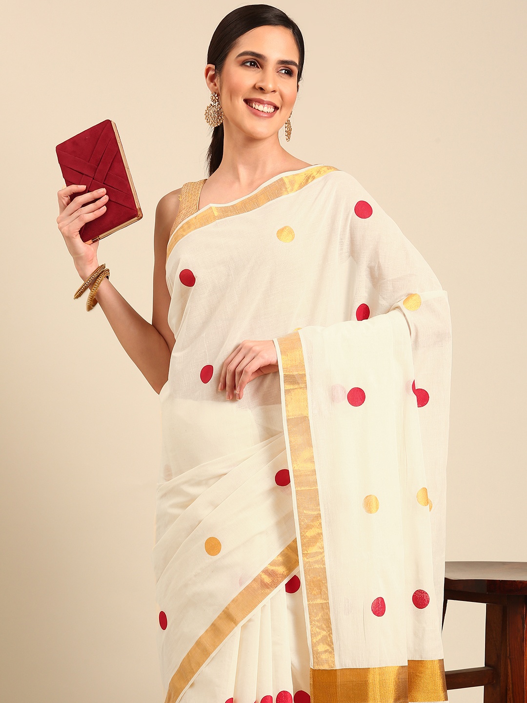 

Kalyan Silks Polka Dot Pure Cotton Kasavu Saree, Off white