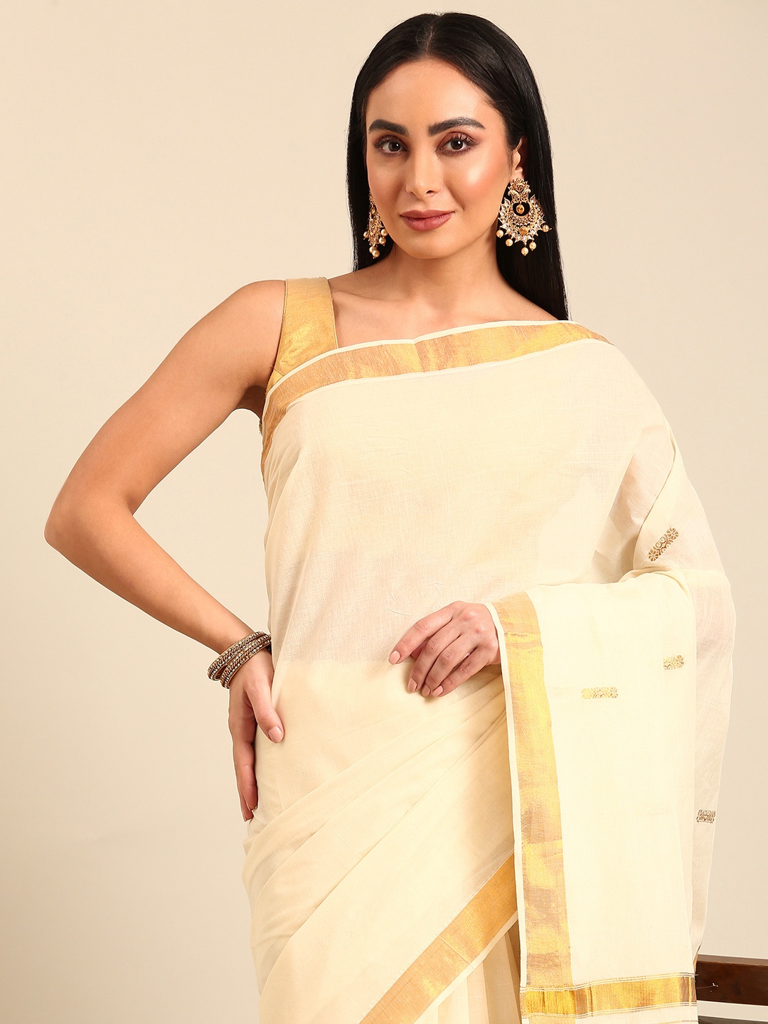 

Kalyan Silks Woven Design Embroidered Pure Cotton Kasavu Saree, Off white