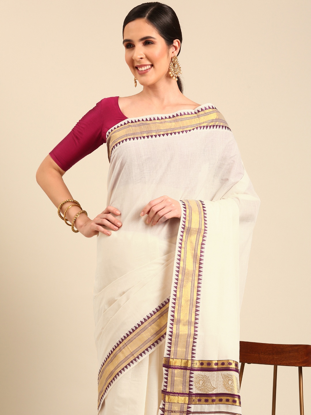 

Kalyan Silks Zari Pure Cotton Kasavu Saree, Off white