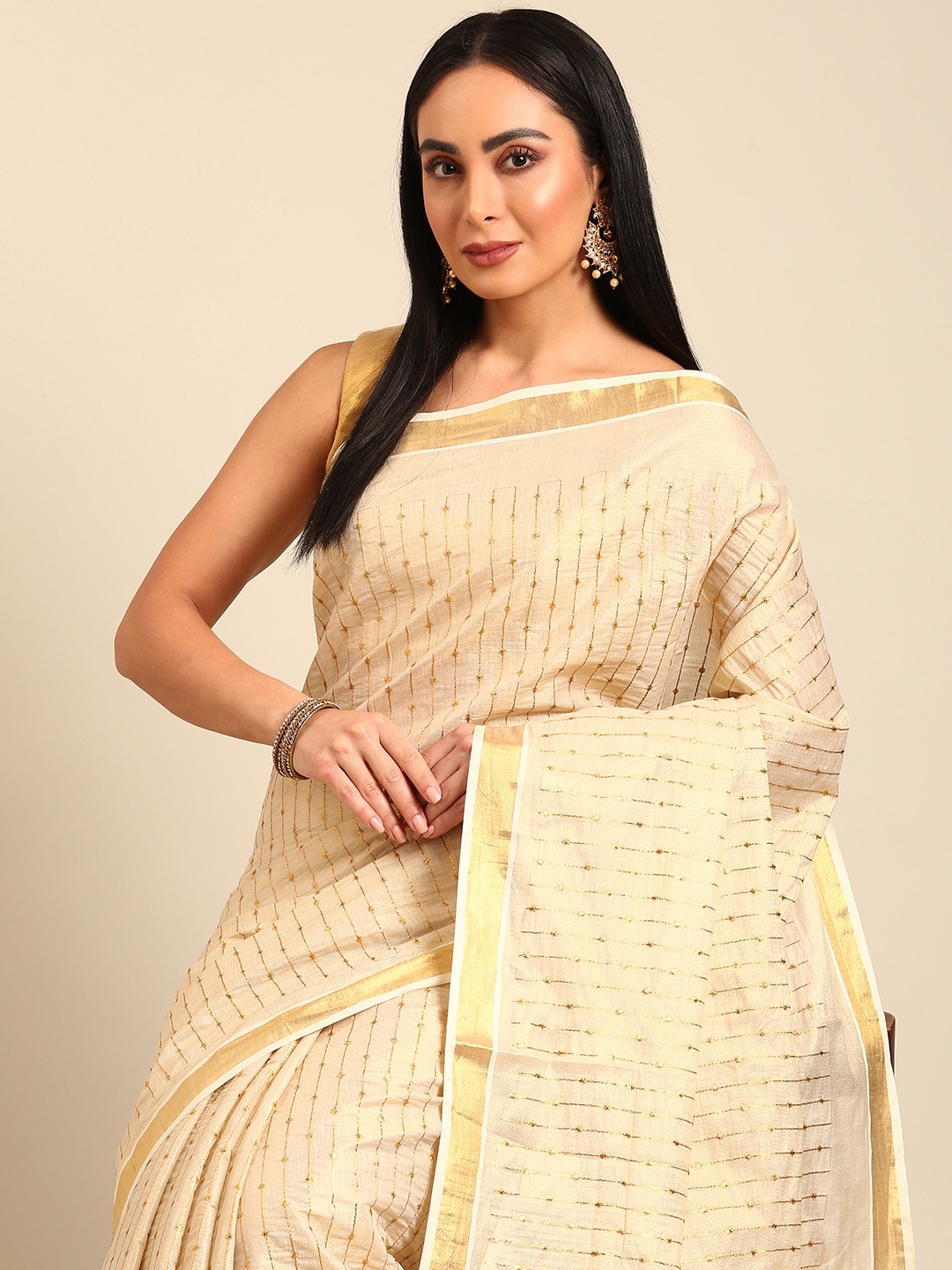 

Kalyan Silks Woven Design Tissue Kasavu Saree, Beige