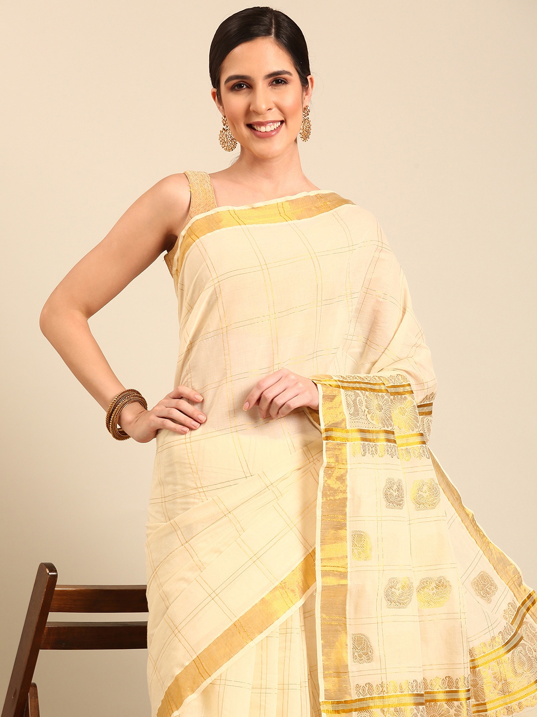 

Kalyan Silks Checked Pure Cotton Kasavu Saree, Off white